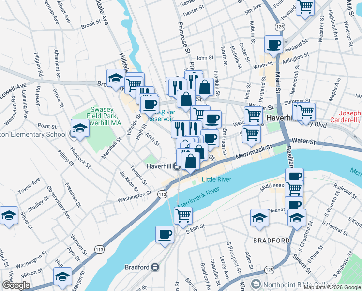 map of restaurants, bars, coffee shops, grocery stores, and more near 151 Essex Street in Haverhill
