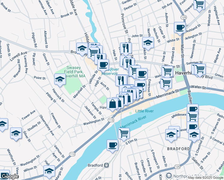 map of restaurants, bars, coffee shops, grocery stores, and more near 39 Arch Street in Haverhill