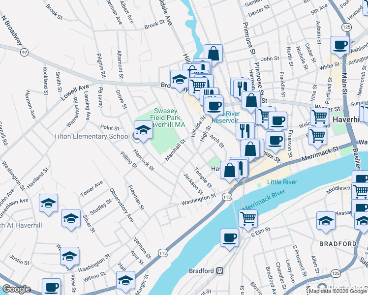map of restaurants, bars, coffee shops, grocery stores, and more near 30 Bellevue Avenue in Haverhill