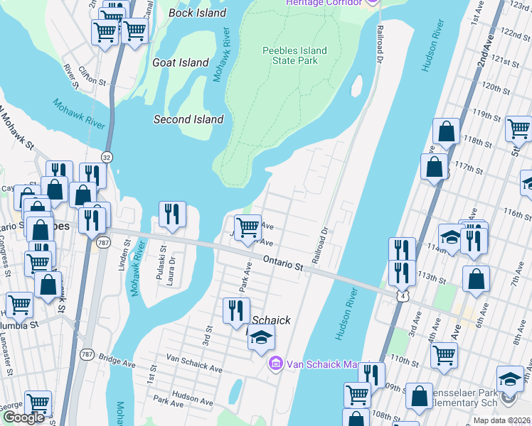 map of restaurants, bars, coffee shops, grocery stores, and more near 44 Park Avenue in Cohoes