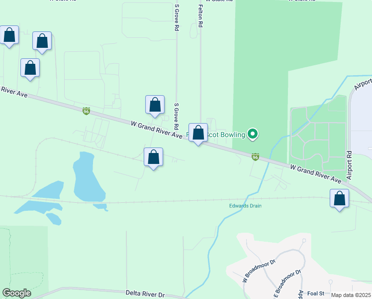 map of restaurants, bars, coffee shops, grocery stores, and more near 4963 West Grand River Avenue in Lansing