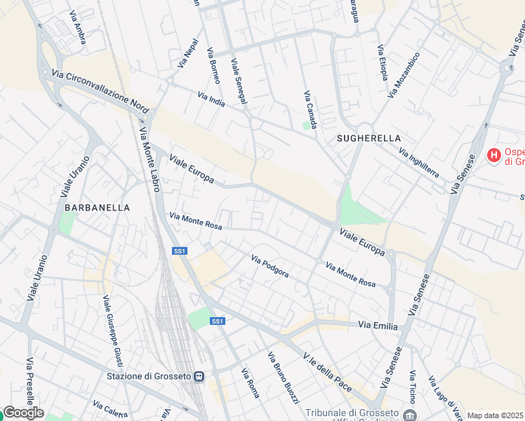 map of restaurants, bars, coffee shops, grocery stores, and more near 67 Viale Europa in Grosseto