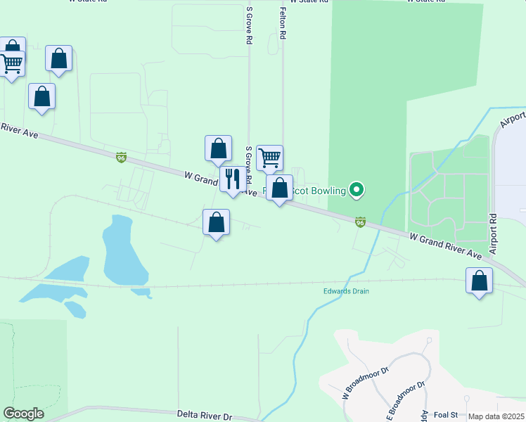 map of restaurants, bars, coffee shops, grocery stores, and more near 4963 West Grand River Avenue in Lansing