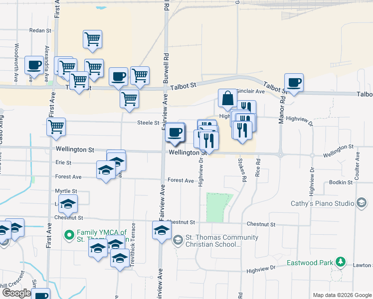 map of restaurants, bars, coffee shops, grocery stores, and more near 405 Wellington Street in Saint Thomas