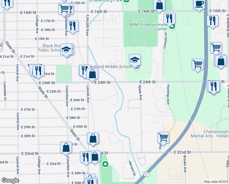 map of restaurants, bars, coffee shops, grocery stores, and more near 311 Maple Creek Court in Holland