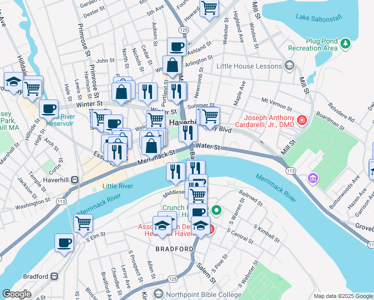 map of restaurants, bars, coffee shops, grocery stores, and more near 18 Merrimack Street in Haverhill