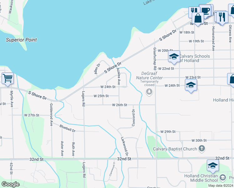 map of restaurants, bars, coffee shops, grocery stores, and more near 803 West 25th Street in Holland