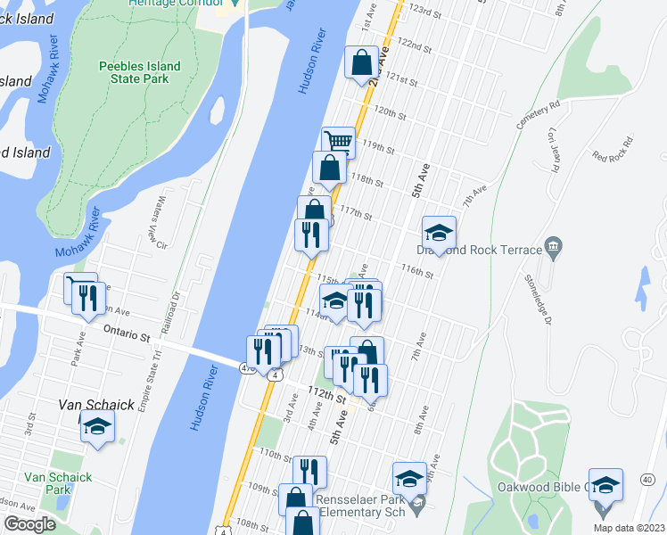 map of restaurants, bars, coffee shops, grocery stores, and more near 577 3rd Avenue in Troy