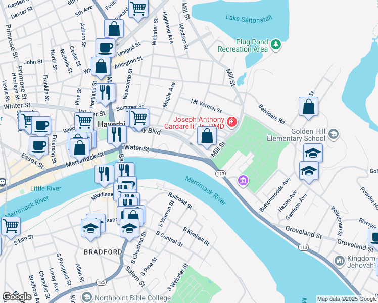 map of restaurants, bars, coffee shops, grocery stores, and more near 21 Chestnut Street in Haverhill