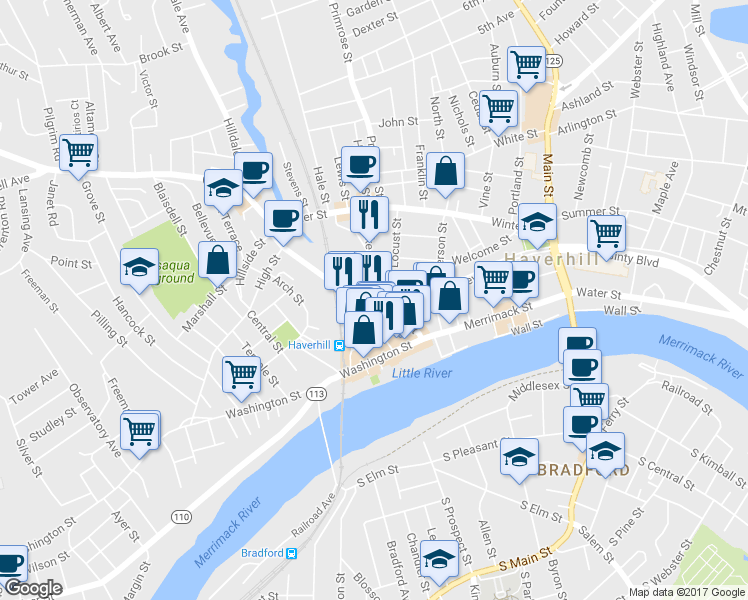 map of restaurants, bars, coffee shops, grocery stores, and more near 40 Locke Street in Haverhill