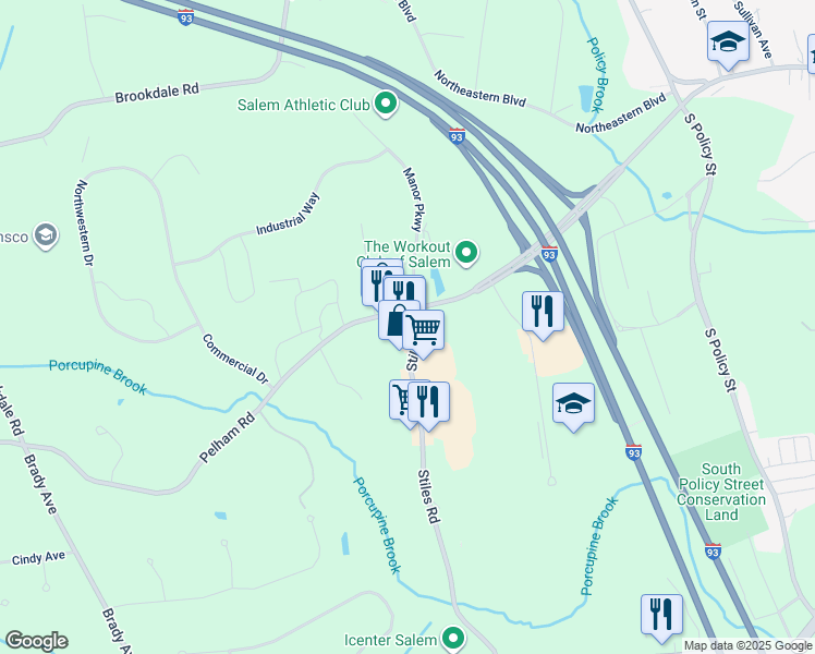 map of restaurants, bars, coffee shops, grocery stores, and more near 1 Manor Parkway in Salem