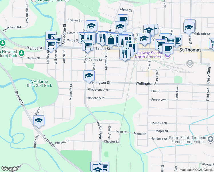 map of restaurants, bars, coffee shops, grocery stores, and more near 63 Southwick Street in St. Thomas