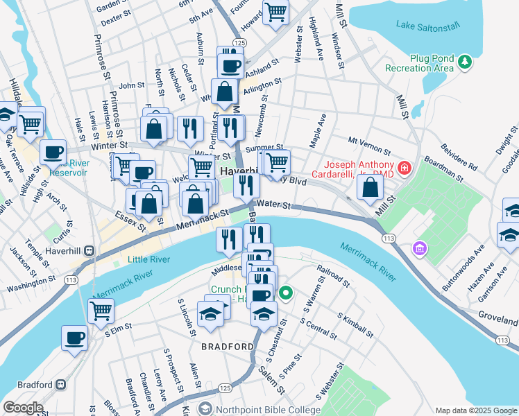 map of restaurants, bars, coffee shops, grocery stores, and more near 1 Water Street in Haverhill