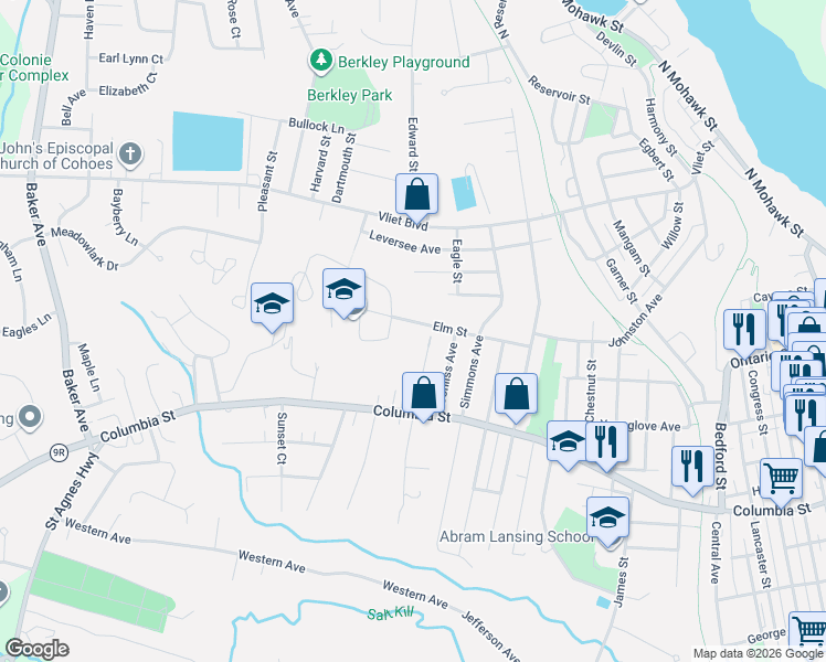 map of restaurants, bars, coffee shops, grocery stores, and more near 74 Elm Street in Cohoes