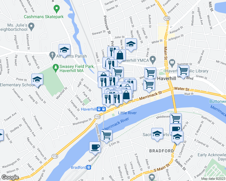 map of restaurants, bars, coffee shops, grocery stores, and more near 93 Essex Street in Haverhill