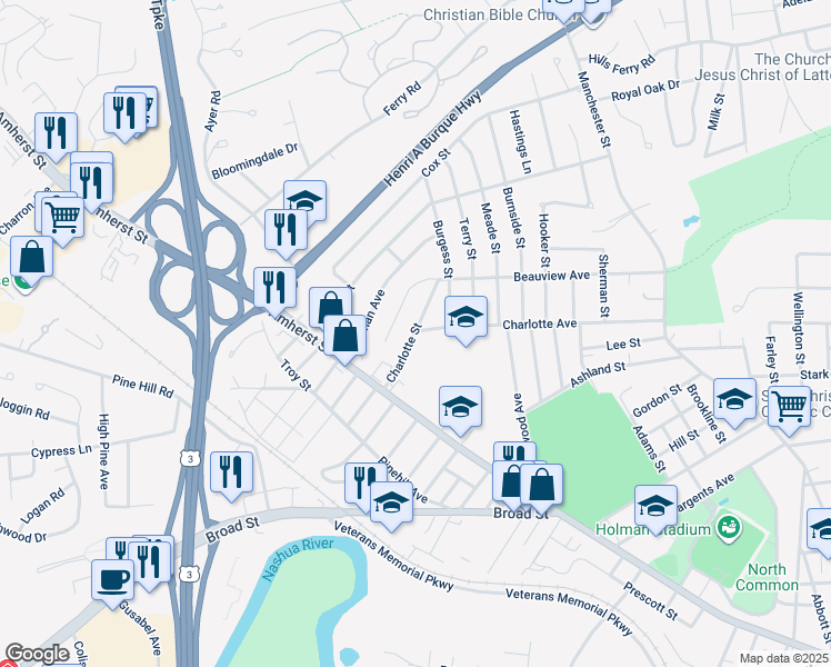 map of restaurants, bars, coffee shops, grocery stores, and more near 48 Charlotte Avenue in Nashua