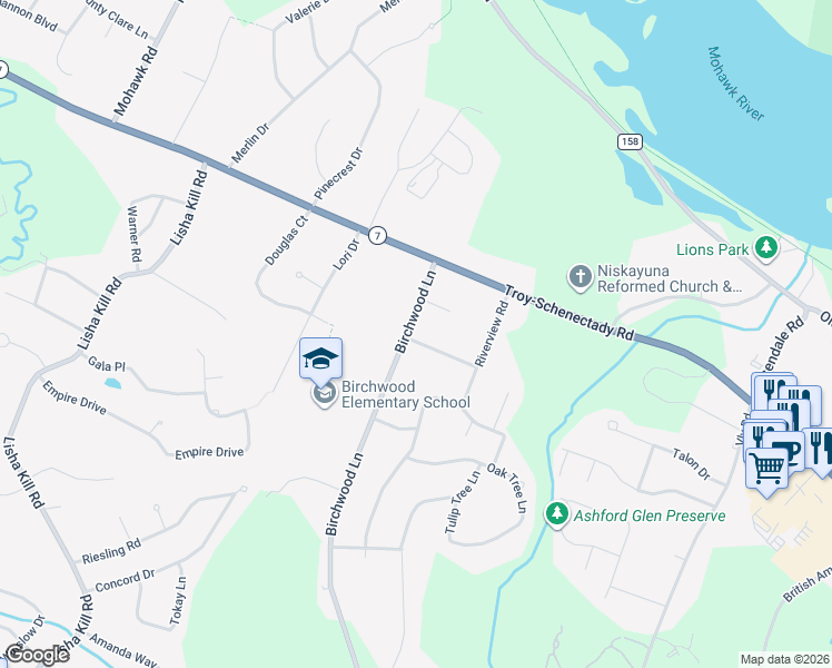 map of restaurants, bars, coffee shops, grocery stores, and more near 970 Birchwood Lane in Schenectady County
