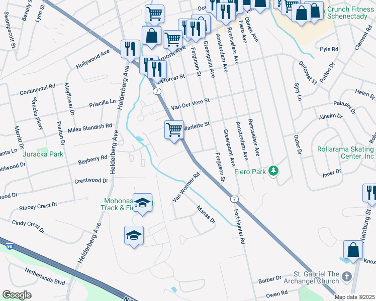 map of restaurants, bars, coffee shops, grocery stores, and more near 2072 Curry Road in Schenectady