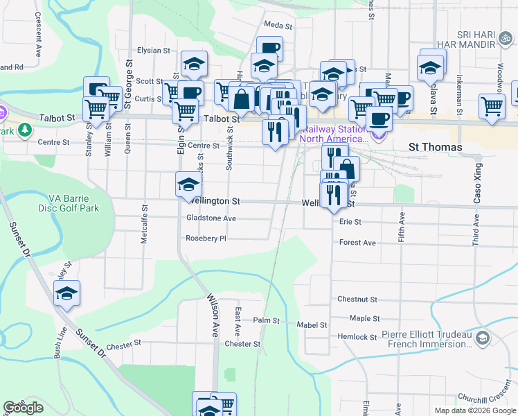 map of restaurants, bars, coffee shops, grocery stores, and more near 106 Wellington Street in St. Thomas