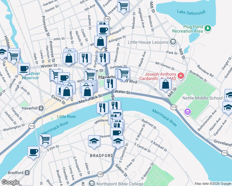 map of restaurants, bars, coffee shops, grocery stores, and more near 1 Water Street in Haverhill