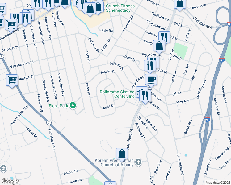map of restaurants, bars, coffee shops, grocery stores, and more near 1020 Inner Drive in Schenectady