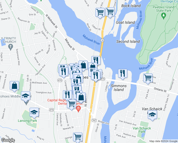map of restaurants, bars, coffee shops, grocery stores, and more near 50 Oneida Street in Cohoes