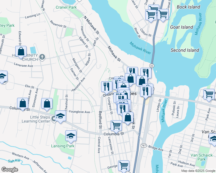map of restaurants, bars, coffee shops, grocery stores, and more near 5 Ogden Mills Plaza in Cohoes