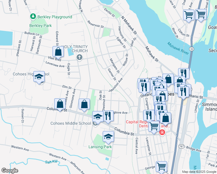 map of restaurants, bars, coffee shops, grocery stores, and more near 98 Willow Street in Cohoes