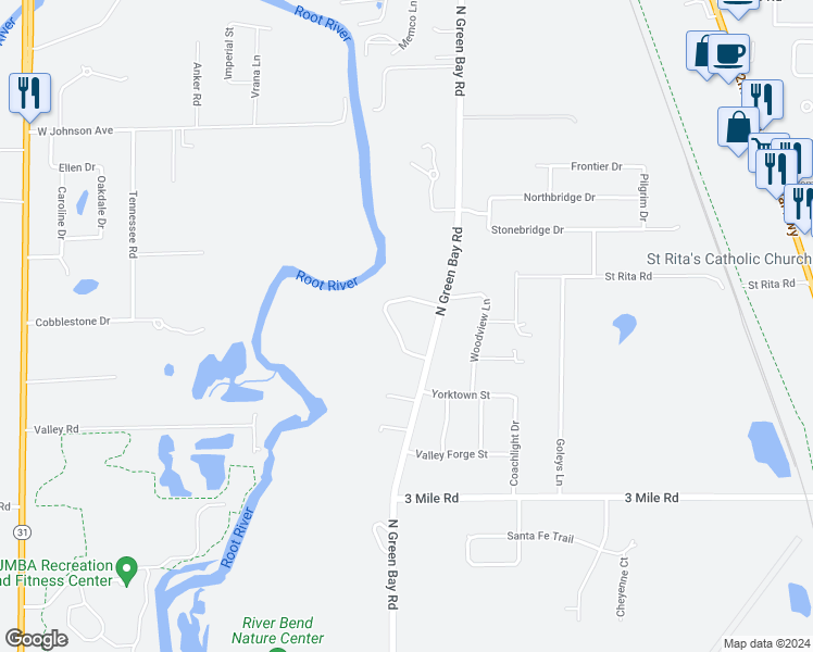 map of restaurants, bars, coffee shops, grocery stores, and more near 4415 Kennedy Drive in Racine
