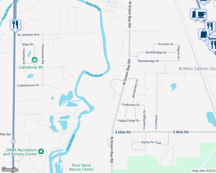 map of restaurants, bars, coffee shops, grocery stores, and more near 4334 Kennedy Drive in Racine