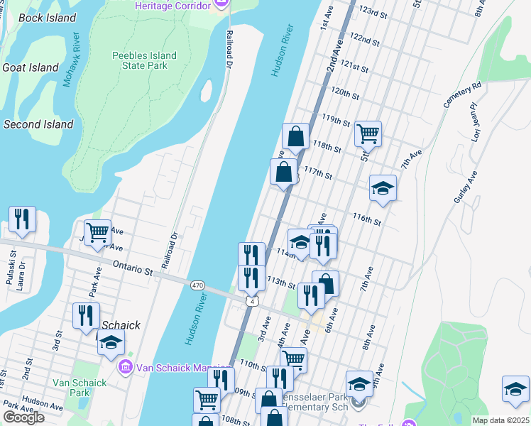 map of restaurants, bars, coffee shops, grocery stores, and more near 3 115th Street in Troy