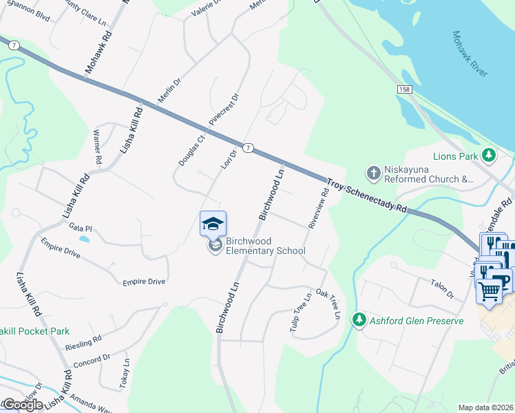 map of restaurants, bars, coffee shops, grocery stores, and more near 955 Birchwood Lane in Schenectady County