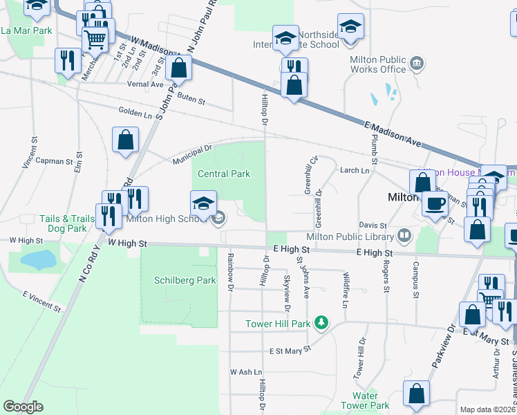 map of restaurants, bars, coffee shops, grocery stores, and more near 373 Hilltop Drive in Milton