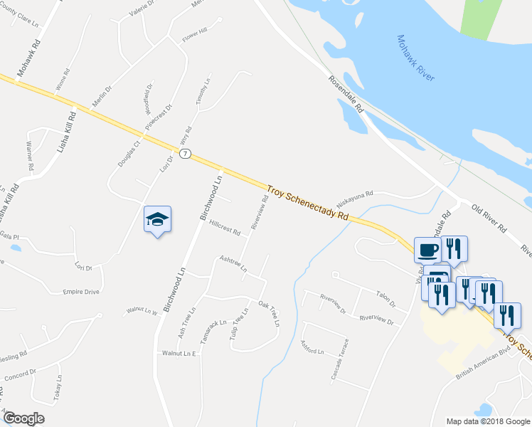 map of restaurants, bars, coffee shops, grocery stores, and more near 976 Riverview Road in Schenectady