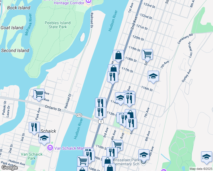 map of restaurants, bars, coffee shops, grocery stores, and more near 579 1st Avenue in Troy