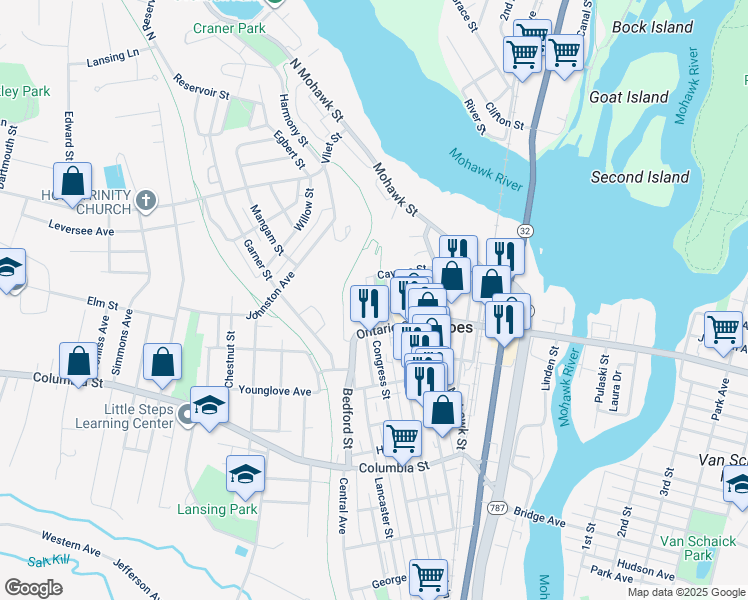map of restaurants, bars, coffee shops, grocery stores, and more near 5 Ogden Mills Plaza in Cohoes