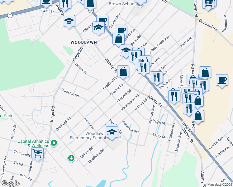 map of restaurants, bars, coffee shops, grocery stores, and more near 130 Clayton Road in Schenectady