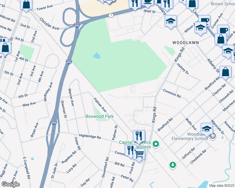 map of restaurants, bars, coffee shops, grocery stores, and more near 236 East Palmer Avenue in Schenectady