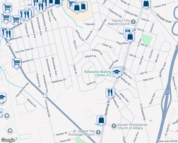 map of restaurants, bars, coffee shops, grocery stores, and more near 1026 Horvath Drive in Schenectady