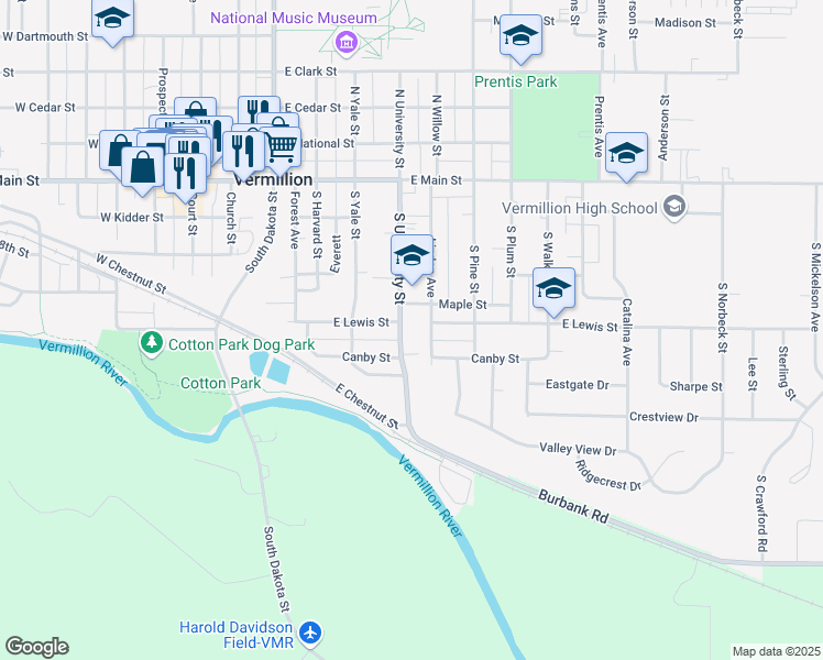 map of restaurants, bars, coffee shops, grocery stores, and more near 402 South University Street in Vermillion