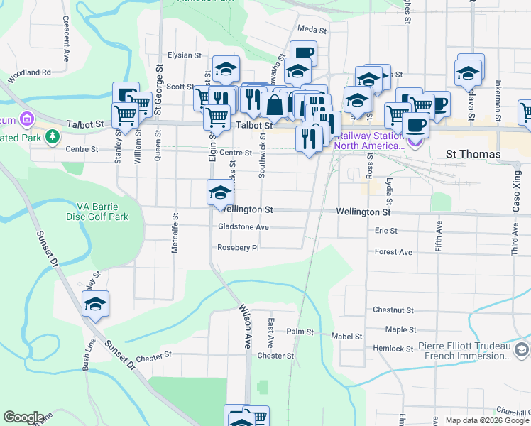 map of restaurants, bars, coffee shops, grocery stores, and more near 87 Wellington Street in St. Thomas