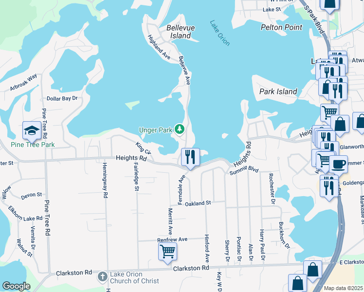 map of restaurants, bars, coffee shops, grocery stores, and more near 452 Bellevue Avenue in Orion charter Township
