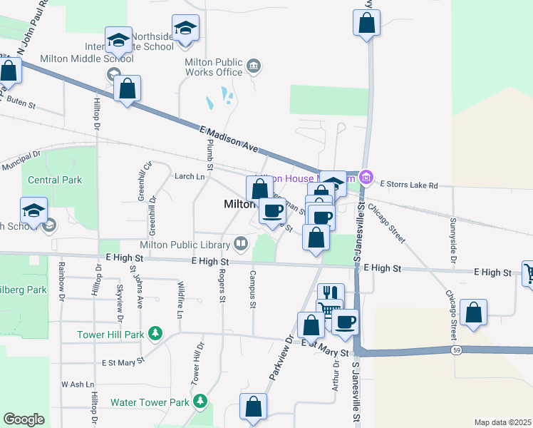 map of restaurants, bars, coffee shops, grocery stores, and more near College Street in Milton
