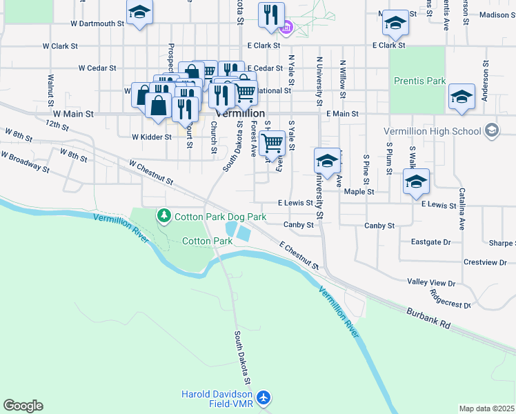 map of restaurants, bars, coffee shops, grocery stores, and more near 221 East Lewis Street in Vermillion