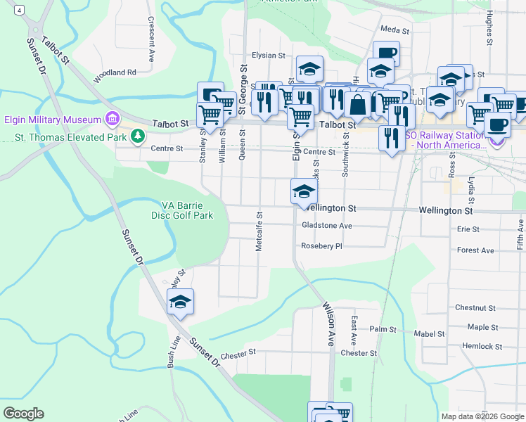 map of restaurants, bars, coffee shops, grocery stores, and more near 63 Metcalfe Street in St. Thomas