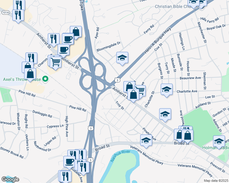 map of restaurants, bars, coffee shops, grocery stores, and more near 190 Amherst Street in Nashua