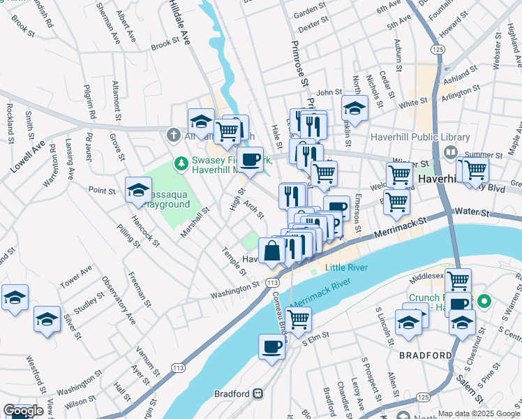 map of restaurants, bars, coffee shops, grocery stores, and more near 39 Arch Street in Haverhill