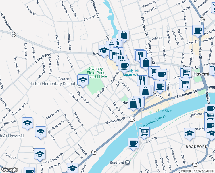 map of restaurants, bars, coffee shops, grocery stores, and more near 30 Bellevue Avenue in Haverhill