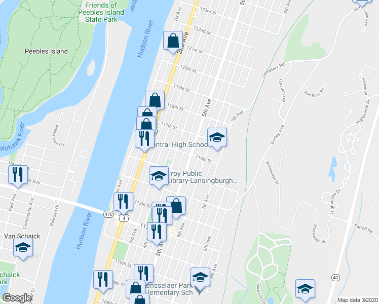 map of restaurants, bars, coffee shops, grocery stores, and more near 604 4th Avenue in Troy