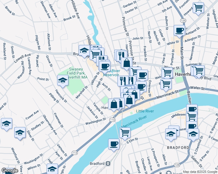 map of restaurants, bars, coffee shops, grocery stores, and more near 39 Arch Street in Haverhill